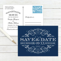 Vintage Navy Blue Scrollwork Save the Date