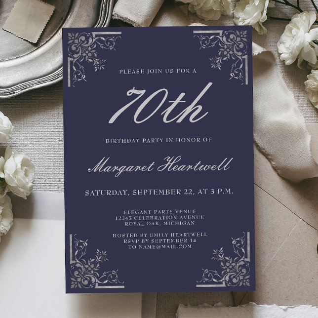 Vintage Navy Blue Silver 70th Birthday Invitation (Creator Uploaded)