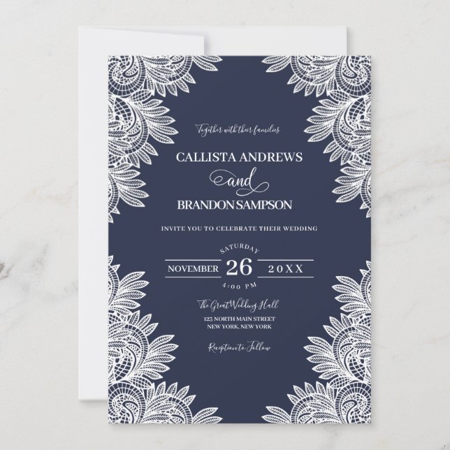 Vintage Navy Blue White Lace Country Wedding Invitation (Front)