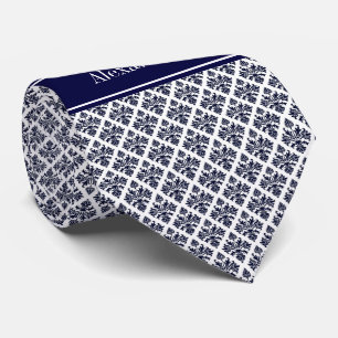 Vintage Navy Blue Wht Damask #3 Navy Name Monogram Tie