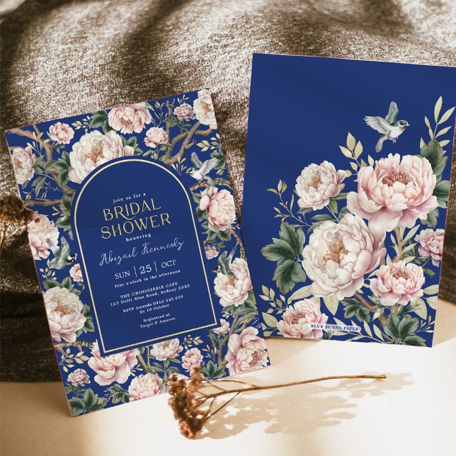Vintage Navy Blush Chinoiserie Peony Bridal Shower Invitation (Creator Uploaded)