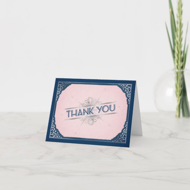 Vintage Navy Blush Compass Wedding Thank You (Front)