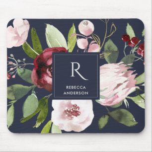 VINTAGE NAVY BLUSH PINK BURGUNDY PROTEA FLORAL MOUSE MAT