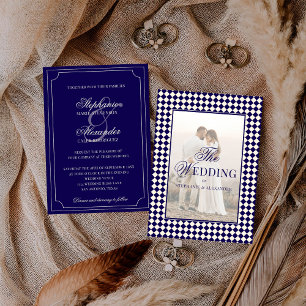 Vintage Navy Chequered Old Money Photo Wedding Invitation