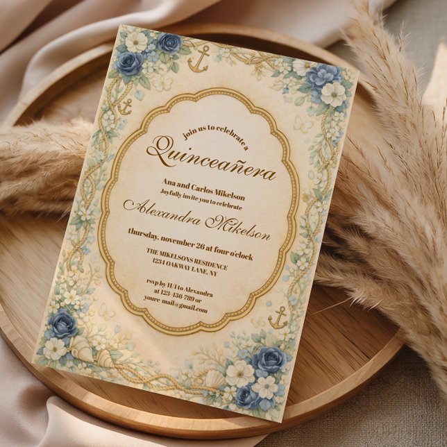 Vintage Navy Coastal Quinceañera Invitation (Creator Uploaded)