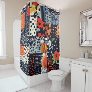 Vintage Navy Coral Floral Patchwork Quilt Shower Curtain