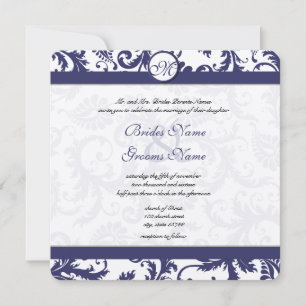 Vintage Navy Damask Swirls Wedding Invitation