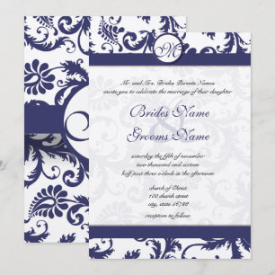Vintage Navy Damask Swirls Wedding Invitation