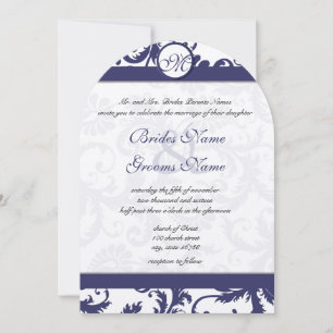 Vintage Navy Damask Swirls Wedding Invitation