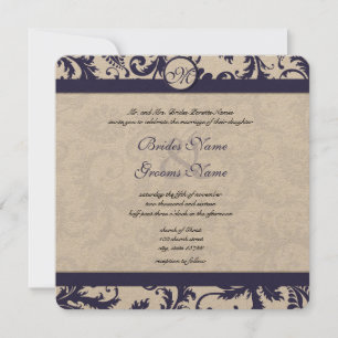 Vintage Navy Damask Swirls Wedding Invitation
