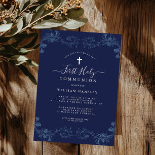 Vintage Navy Floral Leaf Boys First Communion  Invitation