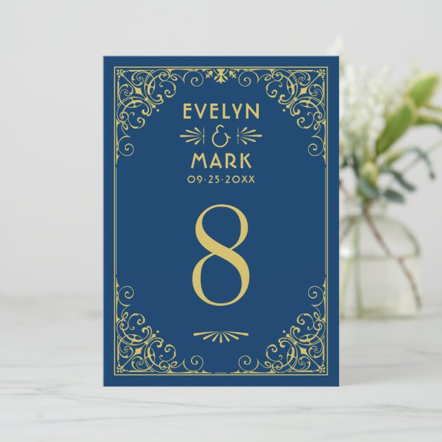 Vintage Navy Gold Art Deco Wedding Table Number (Standing Front)