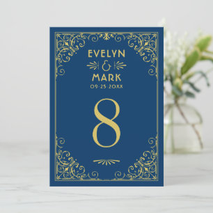 Vintage Navy Gold Art Deco Wedding Table Number