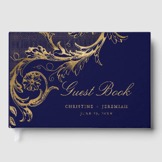Vintage Navy Gold Floral Damask Script Wedding Guest Book