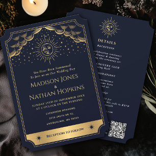Vintage Navy Gold Sun Moon Tarot Wedding QR Code Invitation