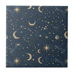 Vintage Navy Ivory Astrology Moon Constellation Tile