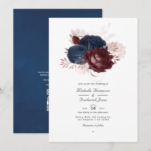 Vintage Navy & Maroon Floral QR Code RSVP Wedding Invitation