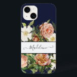 Vintage Navy Pink n White Floral w Pretty Flowers Case-Mate iPhone 14 Case<br><div class="desc">Elegant vintage white wild roses,  blush pink antique roses and Pink with burgundy peonies surround a white text box that frames your name in calligraphy with scroll flourishes.  Graphic design by internationally known artist and designer,  Audrey Jeanne Roberts,  copyright.</div>