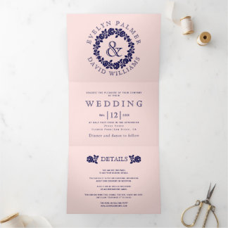 Vintage navy rose wreath blush pink wedding Tri-Fold invitation