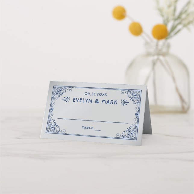 Vintage Navy Silver Art Deco Wedding Place Card (Front)