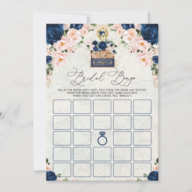 Vintage Navy Travel Bridal Shower Bingo Game Card (Front)
