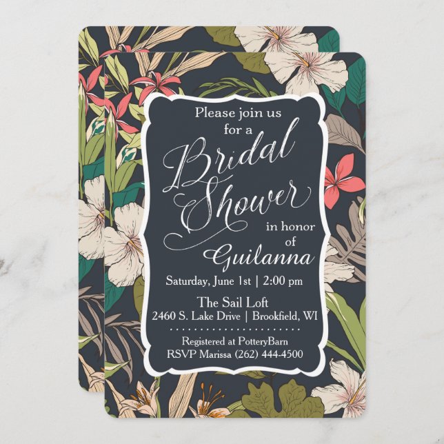 Vintage Navy Tropical Bridal Shower Invitation (Front/Back)