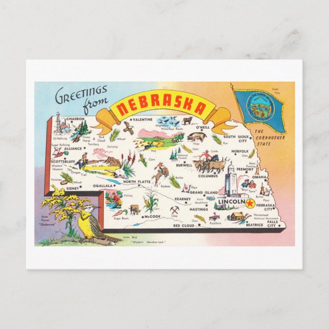 Vintage Nebraska Map Travel Postcard (Front)