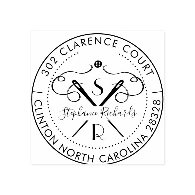 Vintage Needle & Thread Crest Monogram & Address Rubber Stamp (Imprint)