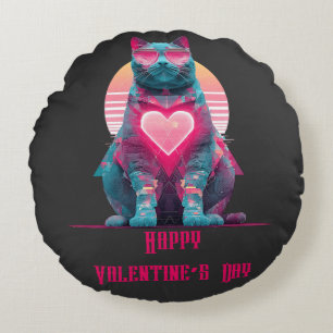 Vintage Neon Cat Valentine`s Day Round Cushion