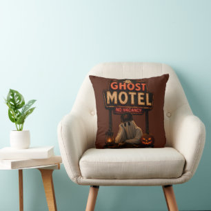 Vintage Neon Ghost Motel Halloween Spooky Cushion