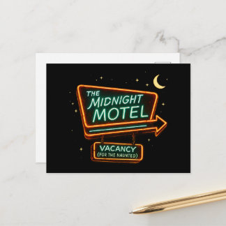 Vintage Neon Midnight Motel Spooky Halloween Postcard