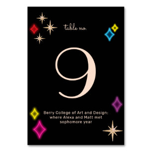 Vintage Neon Stars and Diamonds Wedding Table Number