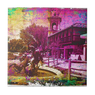 Vintage Neptune Fountain Colourful Grunge Tile