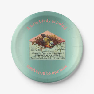 Vintage nesting bird baby shower paper plate