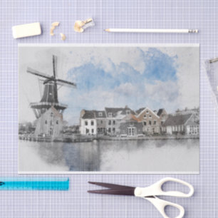 Vintage Netherlands Windmill Travel Poster Dutch Tissue Paper