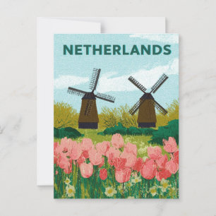 Vintage Netherlands Windmills Tulips Flower Travel Postcard