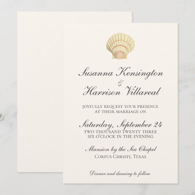 Vintage Neutral Colour Single Seashell Wedding Invitation (Front/Back)