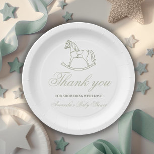 Vintage Neutral Olive Rocking Horse Baby Shower Paper Plate