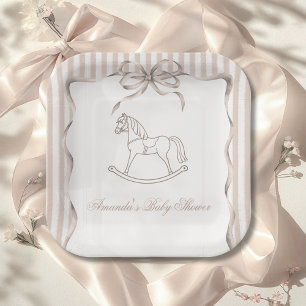 Vintage Neutral Rocking Horse Baby Shower Decor Paper Plate