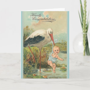 Vintage New Baby And Stork Greeting Card