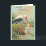Vintage New Baby And Stork Greeting Card<br><div class="desc">Retro / Vintage Baby greeting card.  Precious little baby being delivered by a beautiful stork!  Hearty Congratulations!</div>