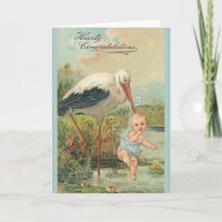 Vintage New Baby And Stork Greeting Card