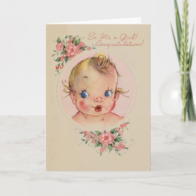 Vintage New Baby Girl Congratulations Card (Front)