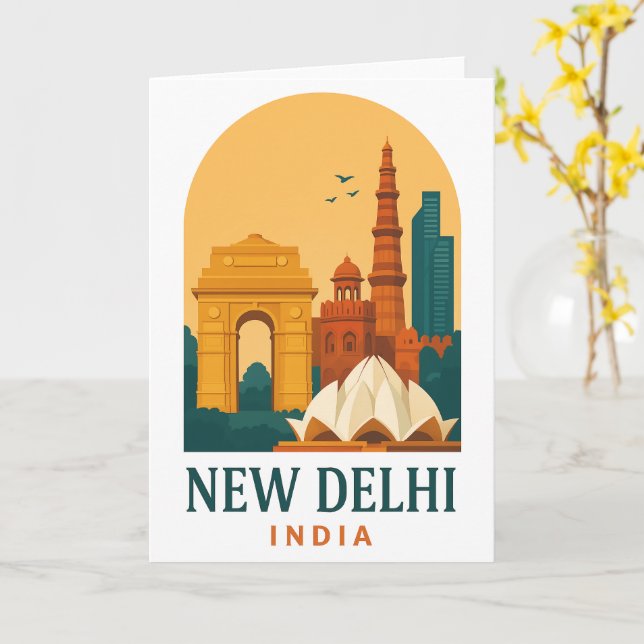 Vintage New Delhi India Travel Poster Card – Retro (Yellow Flower)