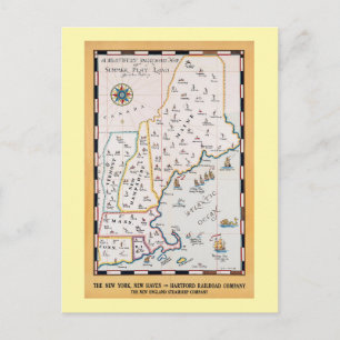 Vintage New England Map Summer Travel Postcard