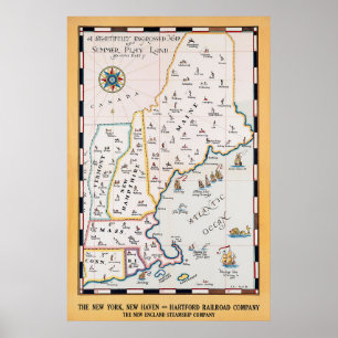 Vintage New England Map Summer Travel Poster