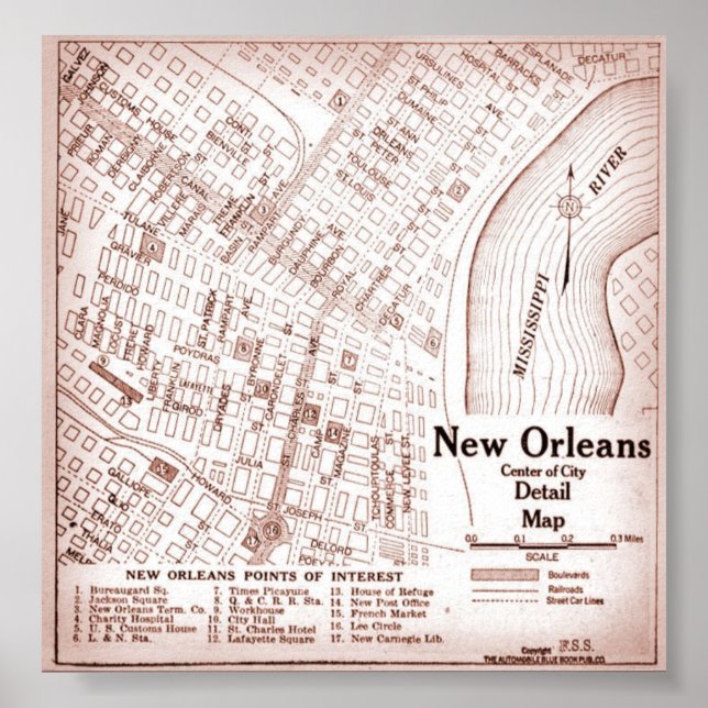 Vintage New Orleans Downtown 1920 Map Poster (Front)
