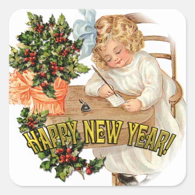 Vintage New Year Greeting Square Sticker (Front)