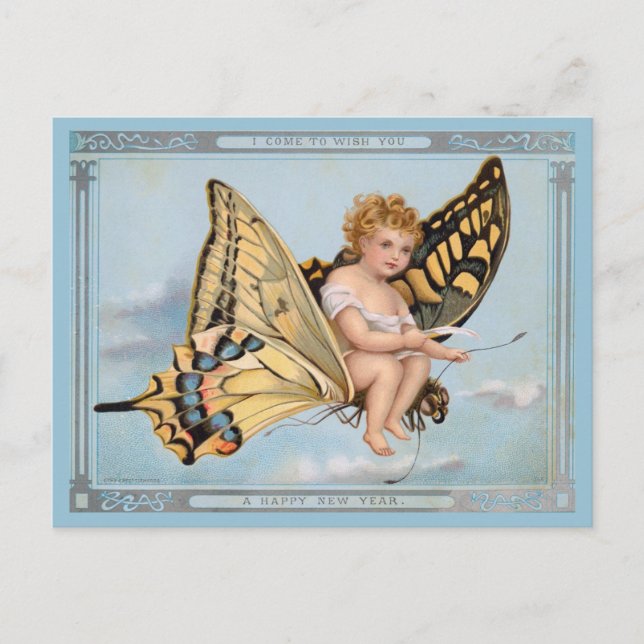 Vintage New Year Greetings Angel Cherub Postcard (Front)