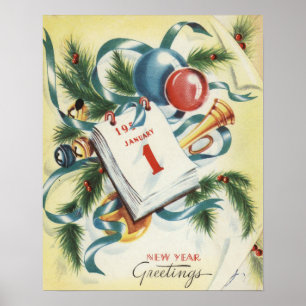 Vintage New Year Greetings Card Poster Circa 1950